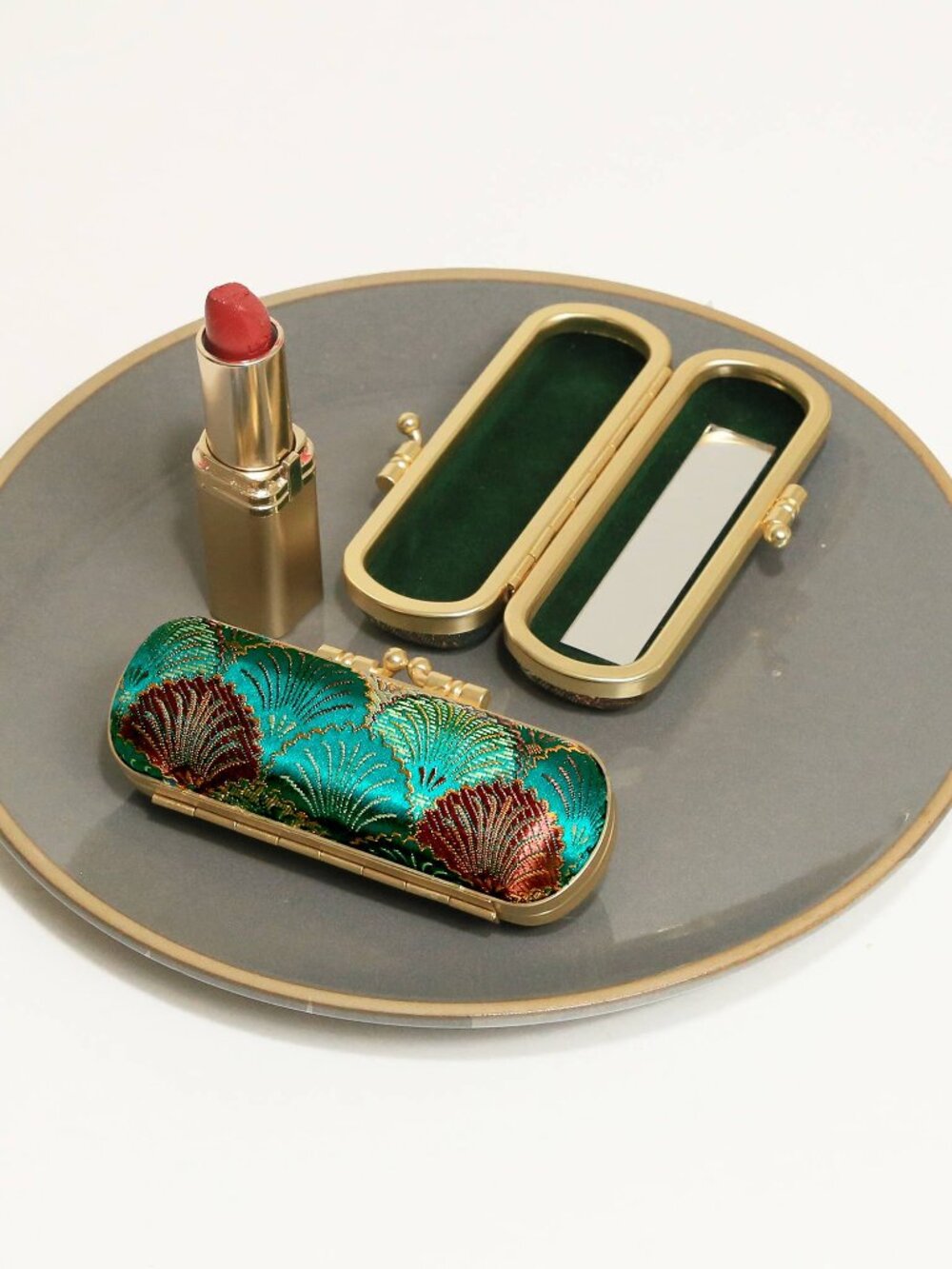 Seashell Brocade Lipstick Holder with Mirror | Teal & Copper